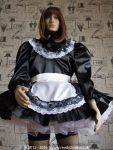 “Starre” (Deluxe) French Maid Sissy Dress in Black Satin With Removable Half Apron 2