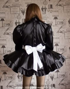 “Starre” (Deluxe) French Maid Sissy Dress in Black Satin With Removable Half Apron 3