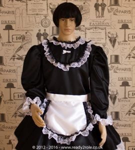 “Starre” French Maid Sissy Dress in Black Satin With Removable Half Apron 2